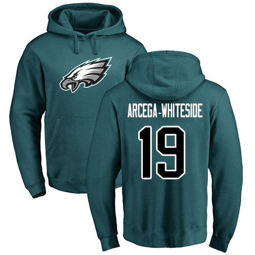 Men Philadelphia Eagles 19 JJ Arcega-Whiteside Green Name and Number Logo NFL Pullover Hoodie Sweatshirts